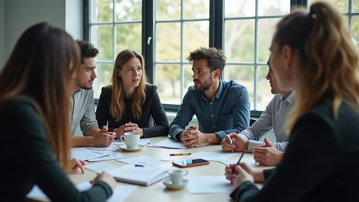 Eye-level view of a diverse group of people engaged in a market research discussion