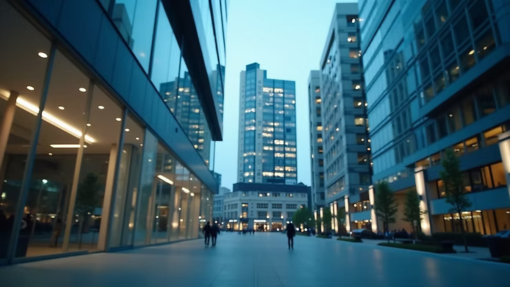 Eye-level view of a modern office building with a digital screen displaying a website
