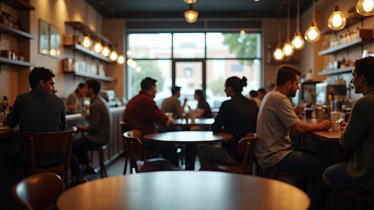 Eye-level view of a busy coffee shop interior with customers enjoying their time