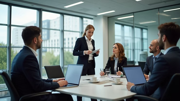 High angle view of an employee training session in a modern office