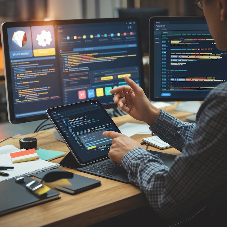 developer-creating-ecommerce-mobile-app-with-code-design-multiscreens