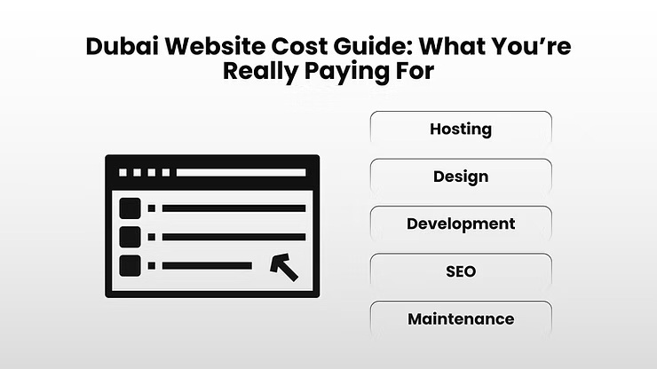 Illustration of a website layout beside a list of cost factors including hosting, design, development, SEO, and maintenance, explaining what businesses in Dubai pay for in web development.