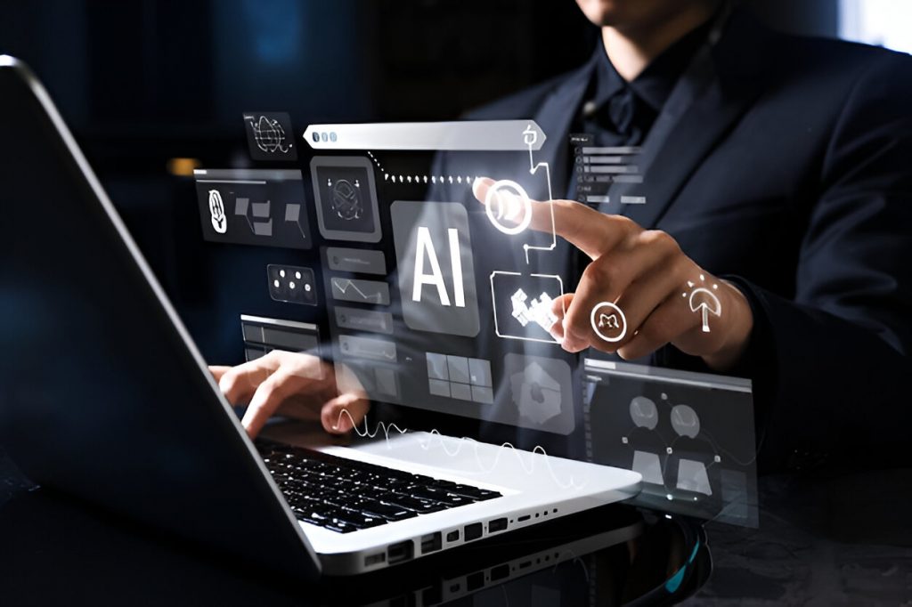 A business professional using AI software on a futuristic digital interface to automate tasks and streamline operations.