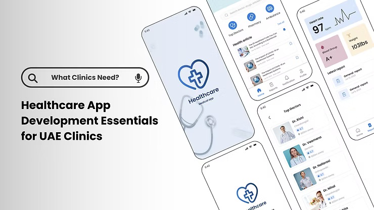 Healthcare app development essentials for UAE clinics, showing app screens with doctor listings, patient reports, notifications, and key features for Mobile App Development in UAE.