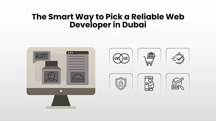 Graphic showing a web design interface on a computer screen with icons highlighting key factors for choosing a reliable Dubai web developer, including UX and UI, ecommerce capabilities, delivery speed, security, mobile optimization, and SEO.