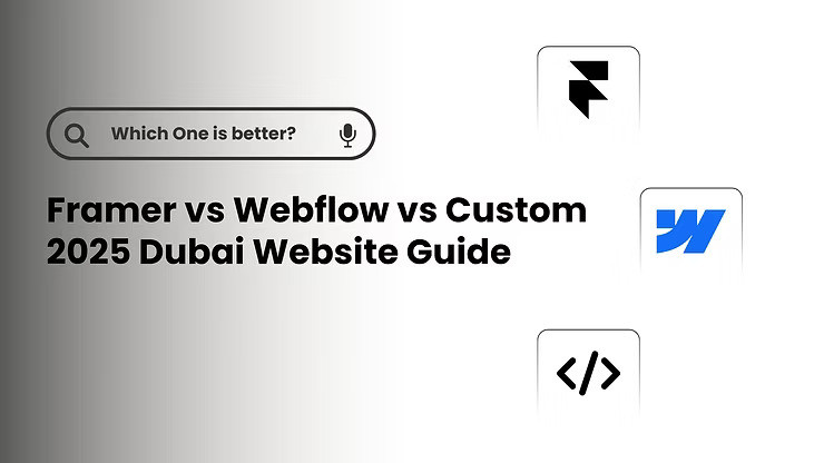 Framer vs Webflow vs Custom Development 2025 Dubai Website Guide banner featuring comparison search bar and platform icons.