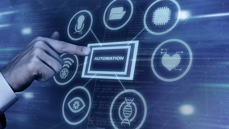 A hand pointing at a digital automation interface showcasing AI-powered business process automation systems.