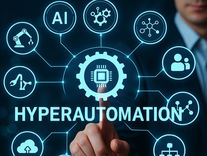 A businessman interacts with a digital interface featuring glowing hyperautomation icons including AI, cloud, and robotic systems, set against a blurred dark-blue background.