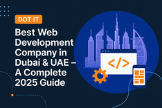 Illustration of Dubai skyline, code symbols, gear, and smartphone. Text: "Best Web Development Company in Dubai & UAE - A Complete 2025 Guide."