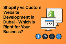 Orange background with text "Shopify vs Custom Website Development in Dubai." Features two monitors displaying Shopify logo, code icon, and business symbols.