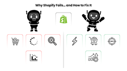 Two robot characters flanking a Shopify icon, illustrating common failures (sad robot, red icons) and solutions (happy robot, green icons) for e-commerce.