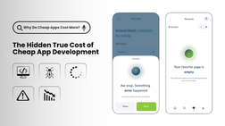 Why Do Cheap Apps Cost More – visual showing coding errors, bugs, loading issues, warnings, and app crash screens to illustrate hidden costs of cheap app development.