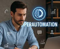A focused man works on his laptop at a wooden desk with digital icons representing automation surrounding the bold text “HYPERAUTOMATION” in a tech-themed overlay.