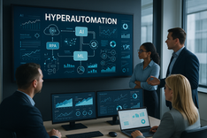 Business professionals analyze hyperautomation workflows on a large digital screen, displaying interconnected diagrams of AI, ML, and RPA, in a modern office setting.