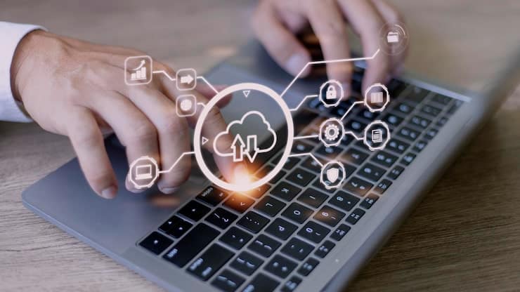 man use laptop with cloud computing diagram show hand cloud technology data storage networking internet service concept 29488 5949 1