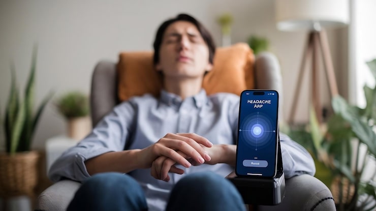 person using headache relief app their phone with focus relaxation techniques 1354391 686