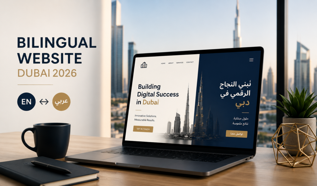 Bilingual English Arabic website cost in dubai displayed on a laptop in Dubai