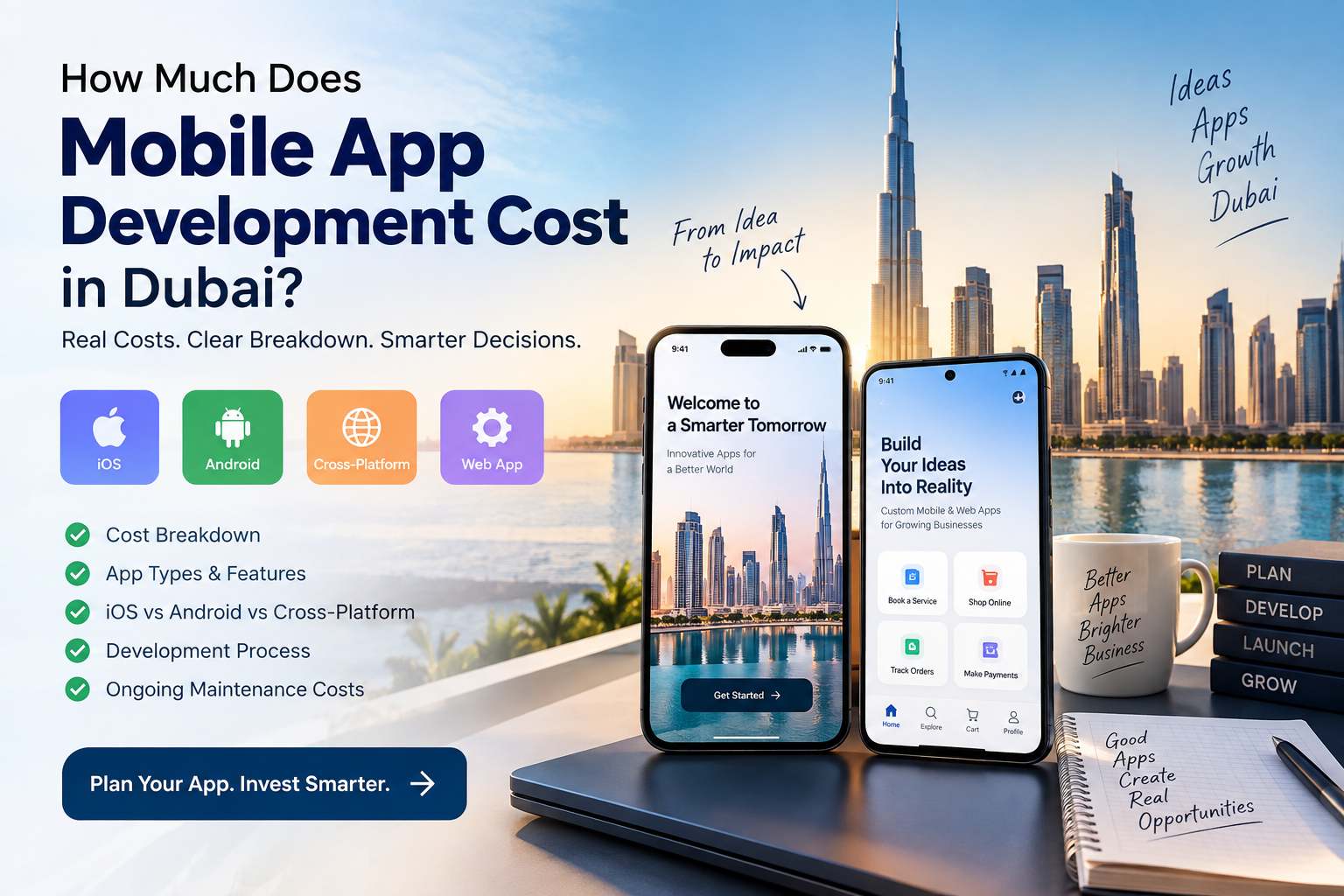 Mobile app development cost in Dubai with iOS, Android, cross-platform and web app development options